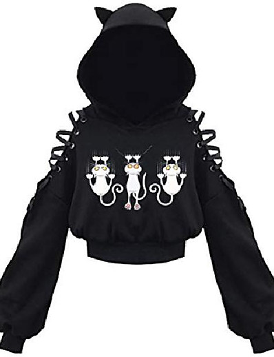 preiswerte Kapuzenpullis &amp; Sweatshirts-Damen Hoodie Crop Top Katzenohr Kapuzen-Sweatshirt aushöhlen Schnürärmel (4xl, Katzen klettern)