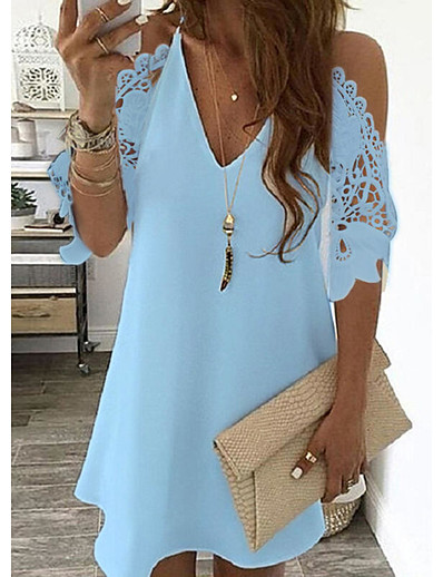 cheap Women-Women&#039;s Shift Dress Short Mini Dress Light Blue Yellow Blushing Pink White Black Red Navy Blue Half-Sleeve Solid Color Openwork Cold Shoulder Spring Summer V Neck Stylish Casual 2021 S M L XL XXL