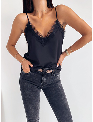 cheap Tank Tops-Women&#039;s Tank Top Vest Plain V Neck Lace Patchwork Basic Streetwear Tops Black White