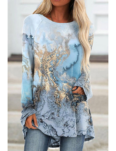 cheap Women-Women&#039;s Tunic T shirt Abstract Painting Long Sleeve Graphic Round Neck Print Basic Tops Blue