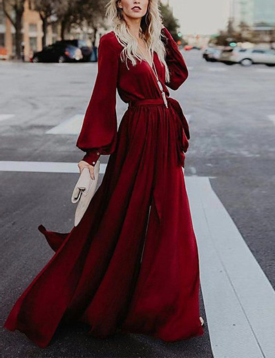 cheap Maxi Dresses-Women&#039;s Maxi long Dress A Line Dress Wine Green Long Sleeve Split Lace up Solid Color V Neck Fall Spring Party Elegant Casual 2021 S M L XL XXL / Loose
