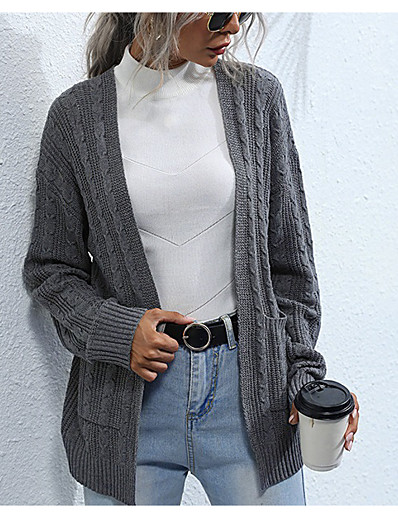 cheap Cardigans-Women&#039;s Cardigan Solid Color Braided Stylish Long Sleeve Sweater Cardigans Fall Winter V Neck Dark Gray