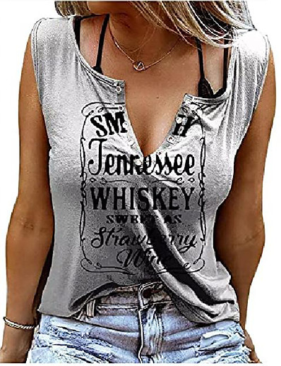 billiga Linnen-slät som tennessee whiskytoppar för kvinnor countrymusik ärmlös t-shirt v-hals avslappnade tees sommarkläder
