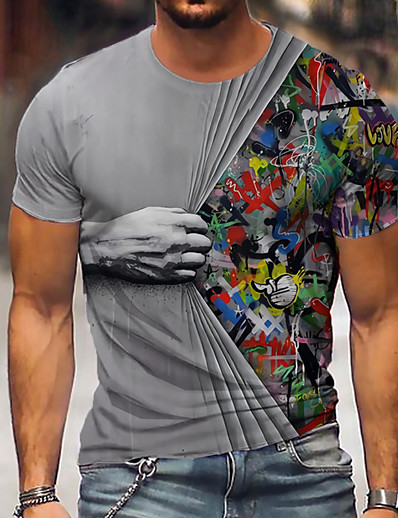 cheap Men-Men&#039;s Unisex Tee T shirt Shirt Graphic Prints Hand 3D Print Crew Neck Daily Holiday Short Sleeve Print Tops Casual Designer Big and Tall Green Blue Gray / Summer