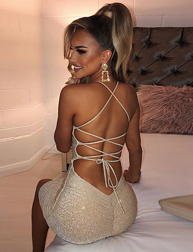 cheap Women-Women&#039;s Midi Dress Party Dress Champagne Gold Sleeveless Backless Solid Color cold shoulder Fall Spring Party Casual 2022 Slim S M L XL XXL