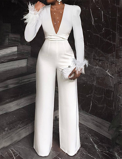 cheap Jumpsuits &amp; Rompers-Women&#039;s Business Work Wide Leg White Jumpsuit Slim Solid Colored