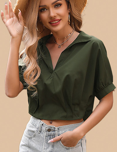 cheap Basic Collection-LITB Basic Women&#039;s V Neck Collar Crop Solid Color Shirt Plain Basic Wear