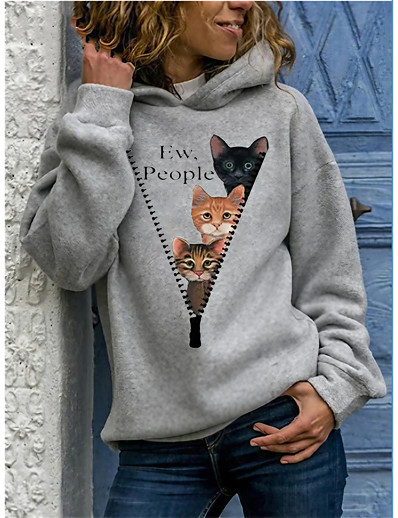 cheap Hoodies &amp; Sweatshirts-Women&#039;s Cat Pullover Hoodie Sweatshirt Patchwork Print 3D Print Casual Daily Basic Hoodies Sweatshirts  Loose Blue Gray