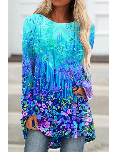 abordables Camisetas-Mujer Camiseta Tema Floral Pintura Floral Gráfico Paisaje Escote Redondo Estampado Básico Vintage Tops Azul Piscina / Impresión 3D