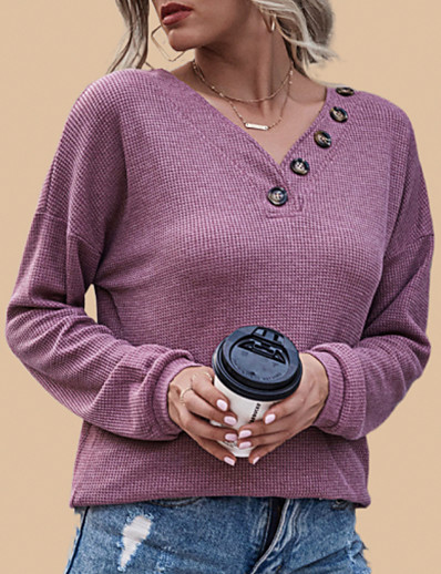 cheap Basic Collection-Women&#039;s Blouse Shirt Long Sleeve Plain V Neck Elegant Casual Beach Tops Purple Wine Khaki