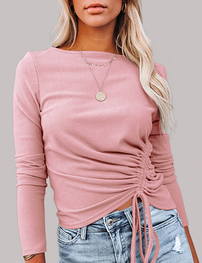 cheap Basic Collection-Women&#039;s Pullover Solid Color Knitted Stylish Cinched 3/4 Length Sleeve Regular Fit Sweater Cardigans Fall Winter Crew Neck Blushing Pink Gray Black