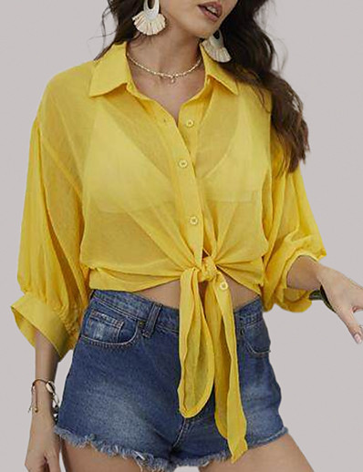 cheap Basic Collection-LITB Basic Women&#039;s Tie Front Runched Crop Top Solid Color Shirt Daily Wear Collar Blouse