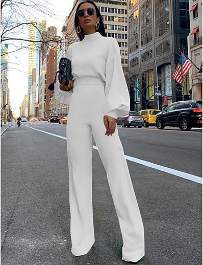 お買い得  2022年のトレンド-女性用 ベーシック ファッション ストリートファッション クルーネック パーティー 日常 2021 イエロー ピンク グリーン ジャンプスーツ ジッパー 純色 ランタンスリーブ