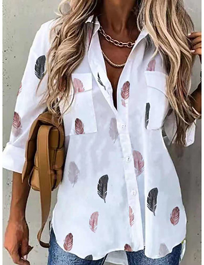 cheap Blouses &amp; Shirts-Women&#039;s Blouse Shirt Graphic Feather Shirt Collar Pocket Basic Casual Tops White / 3D Print