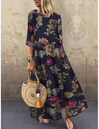 cheap Women-Women&#039;s A Line Dress Maxi long Dress Yellow Red Navy Blue Half-Sleeve Floral Print Spring Summer Round Neck Hot Casual Holiday vacation dresses Loose 2021 M L XL XXL 3XL 4XL 5XL / Plus Size