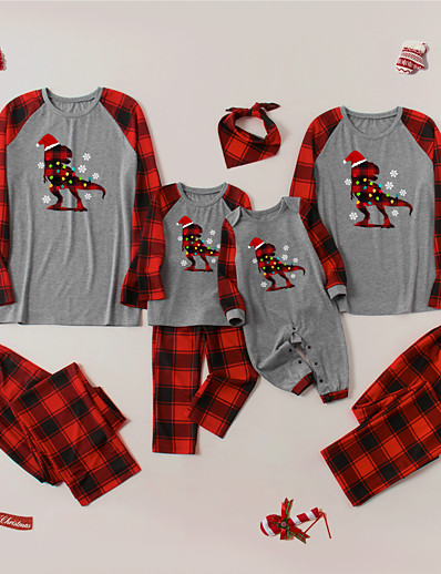 povoljno Family Matching Outfits-Obiteljski izgled Pidžama Božićni pokloni Karirani uzorak Dinosaurus Kolaž Sive boje Dugih rukava Divan Odgovarajuće odjeće / Jesen / Zima / Ispis
