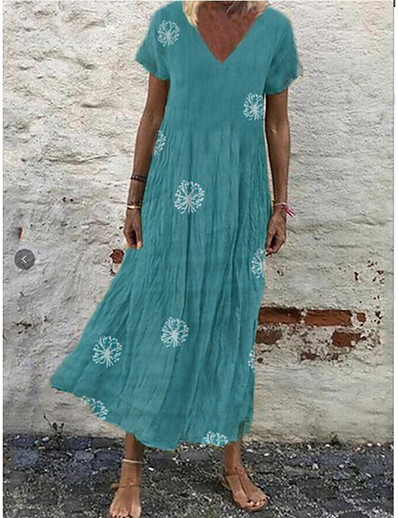 cheap Women-Women&#039;s Knee Length Dress A Line Dress Blue Short Sleeve Print Floral V Neck Summer Elegant 2021 S M L XL XXL