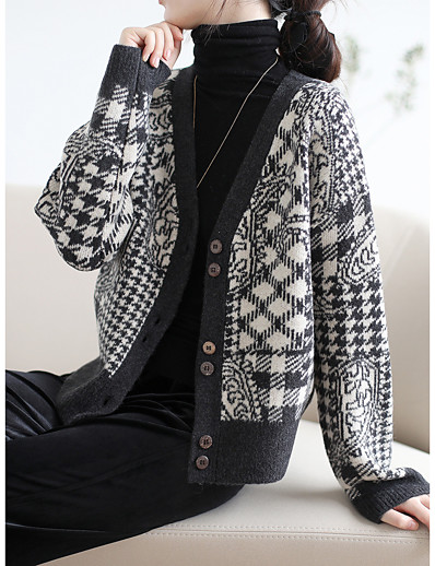 저렴한 가디건-여성용 가디건 스웨터 프린트 모던 스타일 캐쥬얼 긴 소매 스웨터 가디건 가을 겨울 라운드 넥 그레이 블랙 브라운