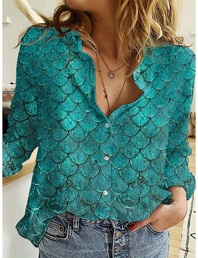 billige Bluser og T-skjorter-Dame Bluse Skjorte Langermet Grafisk Fisk Skjortekrage Knapp Trykt mønster Grunnleggende Topper Grønn