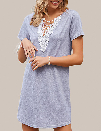 cheap Basic Collection-LITB Basic Women&#039;s Lace Up Neck T-Shirt Dress Knee Length Dress Solid Color