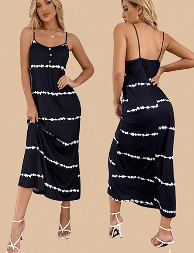 cheap Basic Collection-Women&#039;s Maxi long Dress Sundress Black and white stripes Sleeveless Print Tie Dye cold shoulder Fall Summer Vintage Boho 2021 S M L XL / Polyester / Machine wash