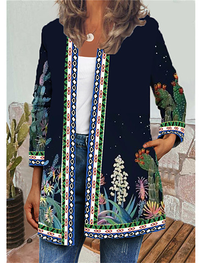 baratos Jaquetas Femininas-Mulheres Jaqueta Outono Diário Feriado Padrão Casaco Respirável Normal Casual Casaco Manga Longa Estampado Floral Azul Verde