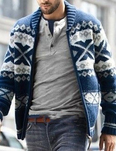 저렴한 남성용 의류-남성용 스웨터 가디건 지퍼 라운드 넥 두꺼움 겨울 네이비 블루