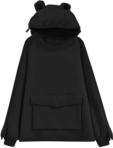 זול חולצות לנשים-yming קפוצ &#039;ונים עיניים צפרדעיות חמודות שרוול ארוך טוניקת טוניקה גדולה במיוחד עם כיס קדמי גדול שחור