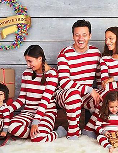 billige Family Matching Outfits-Familiestil Pyjamas Stripet Trykt mønster Rød Langermet Aktiv Matchende antrekk / Høst / Vinter / Fritid