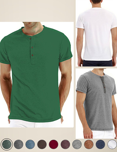 저렴한 남성용 의류-남성용 헨리 셔츠 한 색상 라운드 넥 일상 휴가 짧은 소매 탑스 면 혼방 단순한 패션 편안함 클로버 푸른 화이트 / 세탁기 세탁 / 약간의 신축성