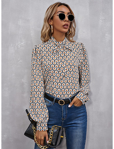 voordelige Blouses &amp; Shirts-Dames Blouse Overhemd Geometrisch Geometrisch Hoge nek Veters Afdrukken Basic Streetwear Tops Wit Geel / 3D-afdrukken