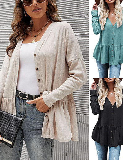 cheap Basic Collection-Women&#039;s Cardigan Solid Color Ruffle Oversized Knitted Stylish Long Sleeve Sweater Cardigans Fall Winter Open Front Blue Black Beige