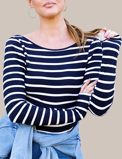 cheap Basic Collection-Women&#039;s T shirt Long Sleeve Striped Round Neck Basic Tops Polyster Blue / Machine wash