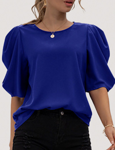 baratos Roupa de Mulher-Mulheres Camiseta Tecido Decote Redondo Sensual Estilo Praia Blusas Chiffon Azul Branco Preto / Limpeza Molhada e Seca