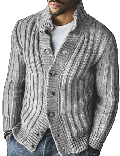 cheap Basic Collection-Men&#039;s Sweater Cardigan Sweater Coat Vintage Style Y Neck Thick Winter Gray khaki
