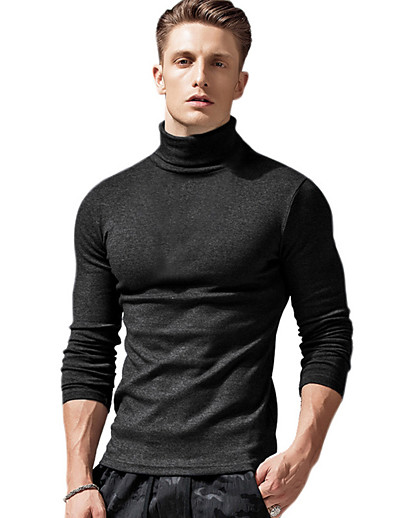 cheap Basic Collection-Men&#039;s T shirt Solid Color Turtleneck Casual Daily Long Sleeve Patchwork Tops Simple Basic Formal Fashion White Black Gray