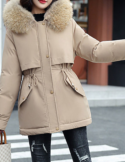 저렴한 여성 코트 &amp; 트렌치 코트-여성용 파카 가을 겨울 일상 새해 긴 코트 방풍 따뜨하게 유지 보통 캐쥬얼 자켓 긴 소매 퀼트 모피 트림 한 색상 푸른 블러슁 핑크 블랙