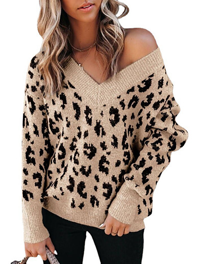 cheap Basic Collection-Women&#039;s Pullover Leopard Knitted Stylish Long Sleeve Sweater Cardigans Fall Winter V Neck Gray Khaki