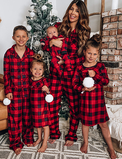 זול Family Matching Outfits-משפחה כותנה פיג&#039;מות מתנות חג מולד משובץ אדום כהה שרוול ארוך אלגנטית תלבושות תואמות / סתיו / חורף / חופשה