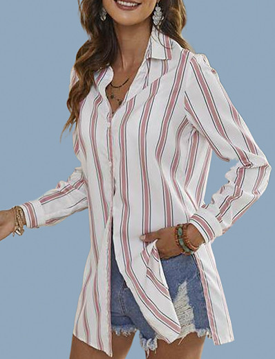 cheap Basic Collection-Women&#039;s Shirt Long Sleeve Striped V Neck Shirt Collar Tops Blue Blushing Pink