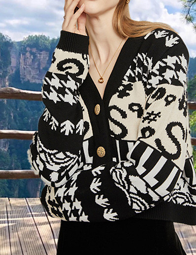 ieftine Cardigane-Pentru femei Bluza Pulover decupat Scrisă Tricotat Bumbac Stilat Manșon Lung Pulovere Cardigan Toamnă Iarnă În V Negru / Ieșire