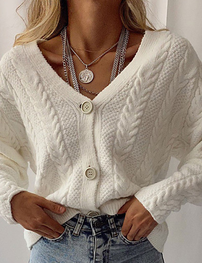cheap Cardigans-Women&#039;s Cardigan Cropped  Sweater Solid Color Knitted Stylish Long Sleeve Sweater Cardigans Fall Winter V Neck Khaki White Coffee