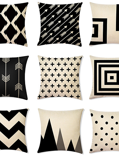 abordables Colección básica-juego de 9 fundas de almohada de lino de imitación, cojín moderno de moda geométrica contemporánea