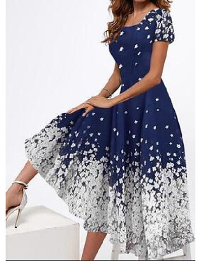 cheap Dresses-Women&#039;s Midi Dress Swing Dress Navy Blue Short Sleeve Print Floral Square Neck Spring Summer Party Elegant Casual 2022 S M L XL XXL