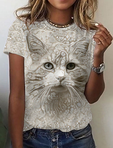 abordables Camisetas-Mujer Camiseta Gato 3D Pintura Gato Gráfico 3D Escote Redondo Estampado Básico Étnico Vintage Tops Verde Trébol Azul Piscina Morado / Impresión 3D