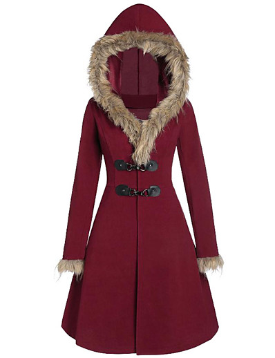 저렴한 여성 코트 &amp; 트렌치 코트-여성용 코트 가을 겨울 할로윈 긴 코트 따뜨하게 유지 보통 캐쥬얼 자켓 긴 소매 모피 트림 한 색상 블랙 와인