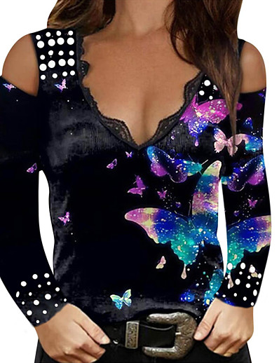 abordables Camisas y Camisetas para Mujer-Mujer Blusa Parte superior con ojales 3D Floral Mariposa Escote en Pico Encaje Estampado Elegante Estilo playero Tops Gris Dorado Arco Iris