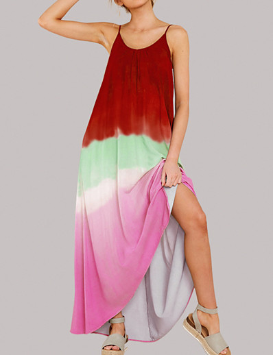 cheap Basic Collection-Women&#039;s Maxi long Dress Swing Dress Blue Green Red Sleeveless Backless Color Gradient Color Block Tie Dye cold shoulder Spring Summer Vacation Elegant Sexy 2021 Loose S M L XL XXL / Polyester