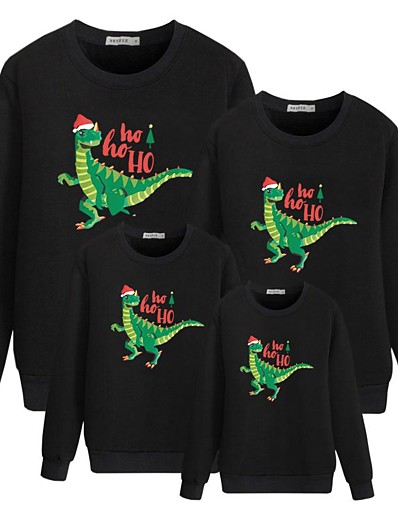 זול Family Matching Outfits-משפחה כותנה חולצות טרנינג מתנות חג מולד דינוזאור אותיות דפוס לבן שחור שרוול ארוך בסיסי תלבושות תואמות / סתיו / אביב / סגנון חמוד