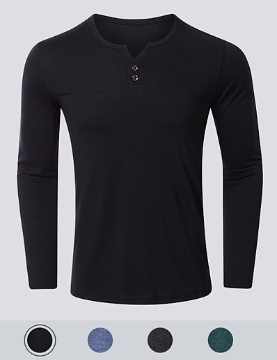 hesapli Erkek Giyim-Erkek T gömlek Gömlek Tek Renk V Yaka Alttan Düğmeli Yaka Günlük Çalışma Uzun Kollu Aşağı düğmesi Üstler Basit Temel Resmi Moda Yonca Havuz Siyah